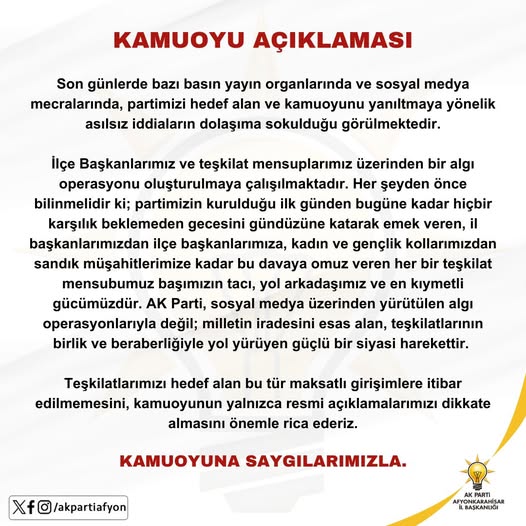 AK Parti Afyonkarahisar'dan Kamuoyuna Çağrı: Algı Operasyonlarına İtibar Edilmemesini İstedi