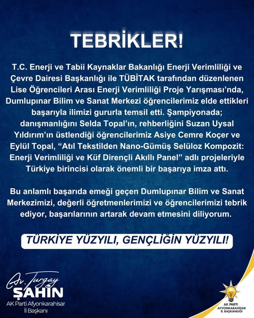 Afyonkarahisarlı Öğrenciler Enerji Verimliliğinde Türkiye Şampiyonu Oldu